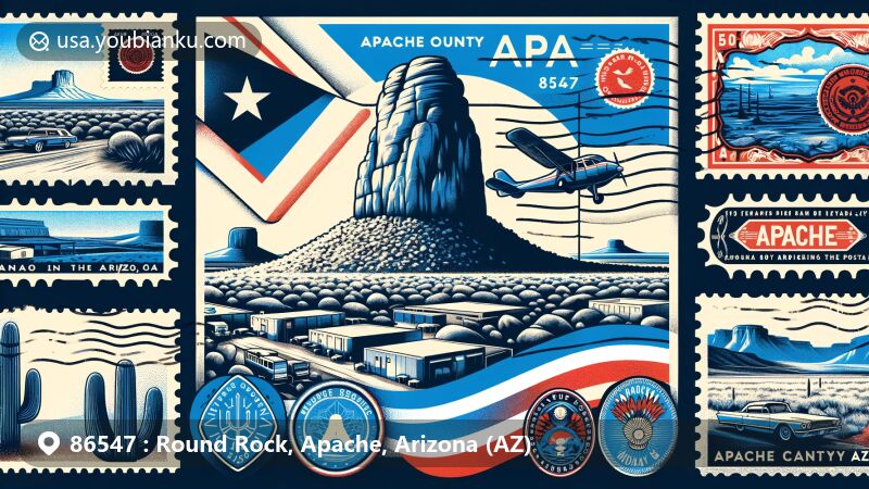 Modern illustration of Round Rock, Apache County, Arizona, featuring iconic mesa landscape, Arizona state flag, and postal elements with vintage airmail envelope and stamps, showcasing ZIP code 86547.