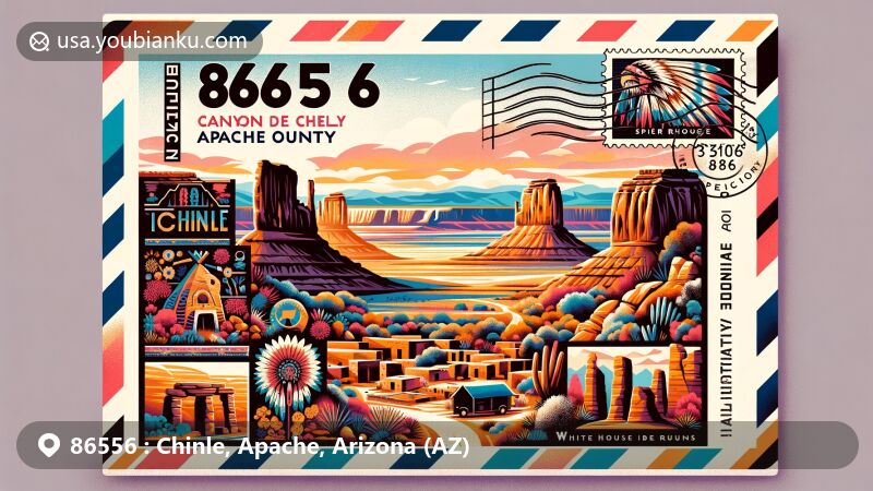Modern illustration of Chinle area, Apache County, Arizona, featuring Canyon de Chelly National Monument, Spider Rock, White House Ruins, and Hope Arch, with Arizona's desert landscapes in vibrant colors.