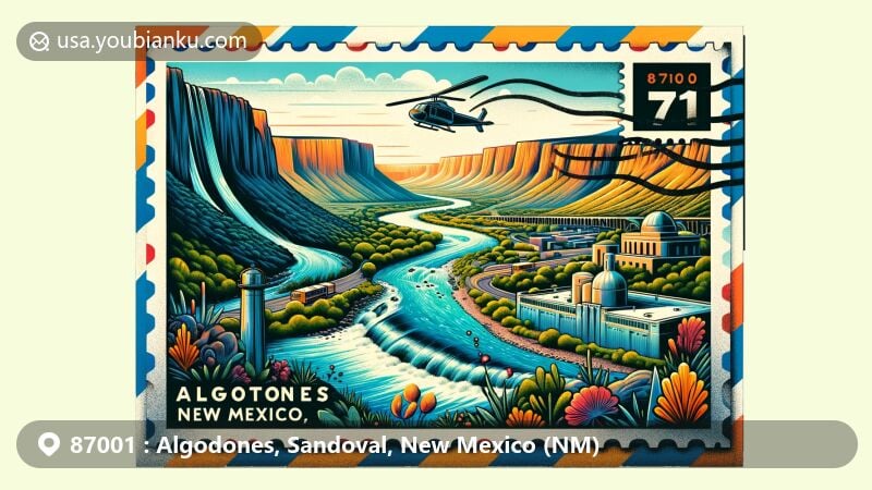 Modern illustration of Algodones, Sandoval County, New Mexico, showcasing the Rio Grande, La Angostura, and Camino Real connection with ZIP code 87001, featuring Algodones Generating Station, native flora, and fauna.