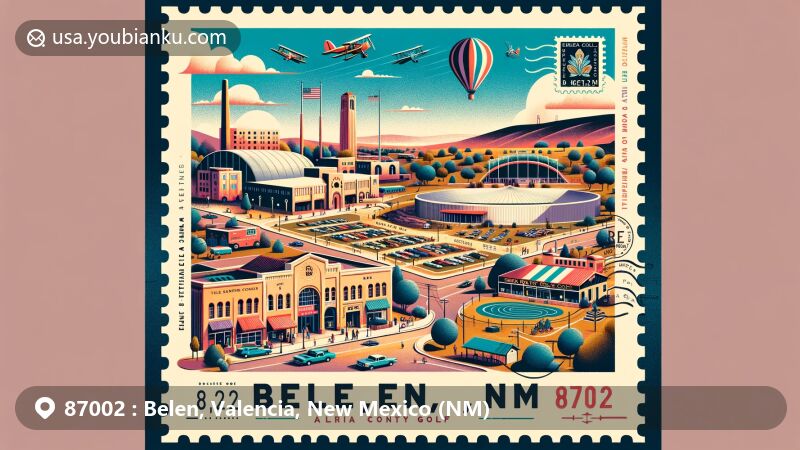 Modern illustration of Belen, Valencia County, New Mexico, representing ZIP code 87002 with landmarks like Belen Art League Gallery, Valencia County Fairgrounds, Tierra Del Sol Golf Club, and MainStreet Art Plaza, set against the backdrop of Rio Grande Valley.