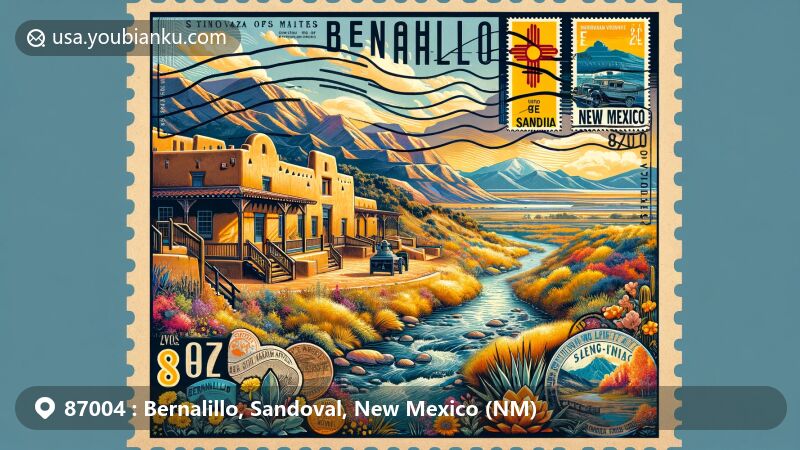 Modern illustration of Bernalillo, Sandoval County, New Mexico, with postal code 87004, featuring the Rio Grande Valley, Sandia Mountains, and historic El Zocalo. Includes vintage air mail elements with ZIP Code 87004, New Mexico state symbols, and local flora/fauna.