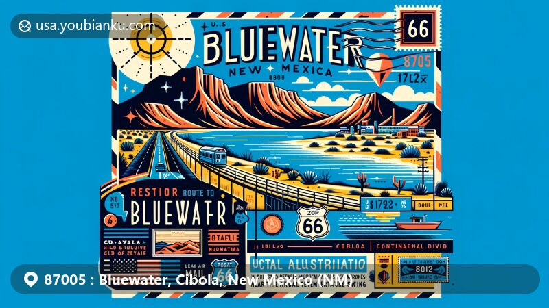 Modern illustration of Bluewater, Cibola County, New Mexico, representing ZIP code 87005, featuring iconic Route 66 running through Bluewater and famous landmark Bluewater Lake, capturing the sunny, arid climate between mountain ranges near the continental divide, designed with vintage airmail envelope, stamps, and prominent ZIP code display.