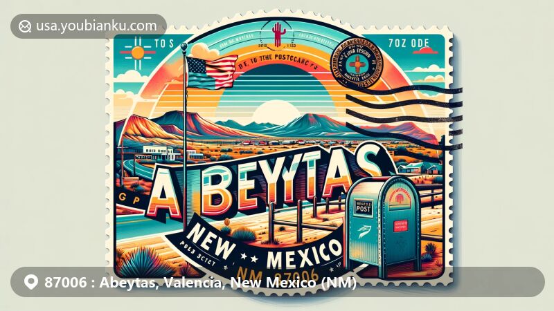 Modern postcard design of Abeytas, Valencia County, New Mexico (ZIP code 87006), showcasing state flag, desert landscape, vintage stamp, postmark 'Abeytas, NM 87006', and stylized mailbox.