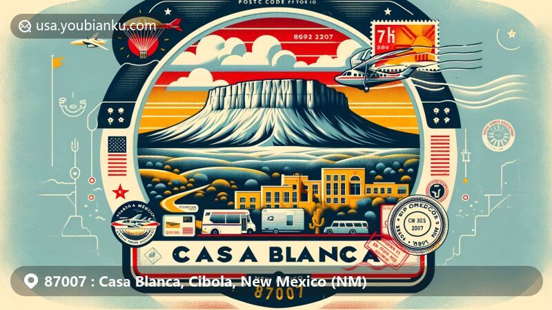 Modern illustration of Casa Blanca, Cibola County, New Mexico, featuring Casa Blanca Mesa and postal theme with ZIP code 87007, incorporating New Mexico state flag.