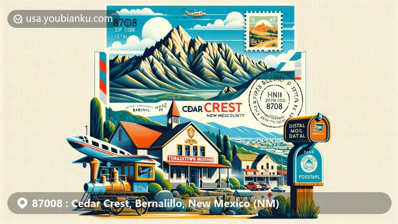 Modern illustration of Cedar Crest, Bernalillo County, New Mexico, capturing the essence of the 87008 ZIP code area with Sandia Mountains in the background, Tinkertown Museum, hiking and biking trails, and a stylized postal theme.