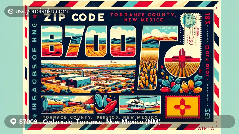 Modern illustration of Cedarvale, Torrance County, New Mexico, featuring ZIP code 87009, highlighting local geography, culture, and history with pinto beans farming, historical marker, and New Mexico state flag.