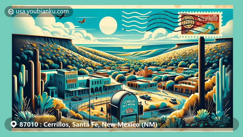 Modern illustration of Cerrillos, Santa Fe, New Mexico, showcasing old west charm and turquoise mining heritage, featuring Cerrillos Hills State Park, historic village buildings, and postal theme with ZIP code 87010.