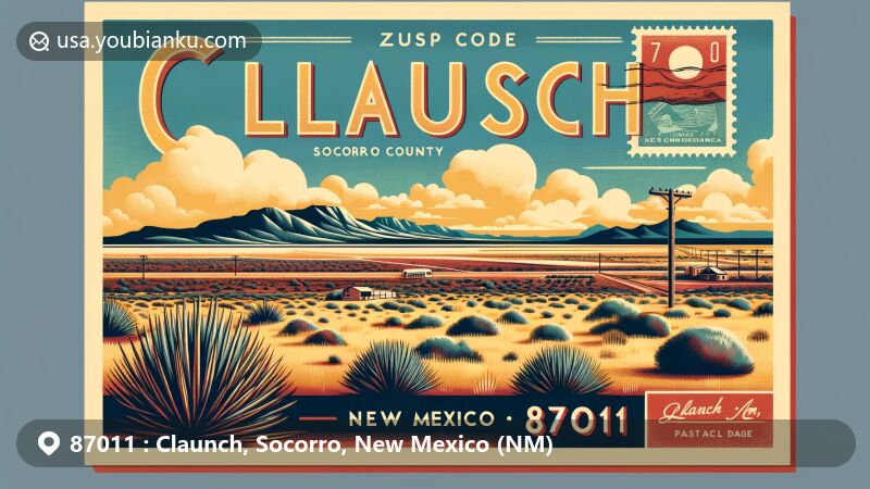 Modern illustration of Claunch, Socorro County, New Mexico, showcasing desert landscape and distant mountains, featuring tranquil environment and sparse vegetation, themed around ZIP code 87011 with postal elements and New Mexico state flag.