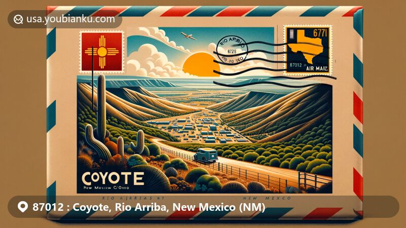 Creative illustration of Coyote, Rio Arriba County, New Mexico, reflecting postal theme with ZIP code 87012, showcasing Truchas Peak and New Mexico state flag.