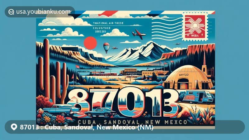 Modern illustration of Cuba, Sandoval, New Mexico, showcasing postal theme with ZIP code 87013, featuring Santa Fe National Forest, National Christmas Trees, and Navajo cultural elements.