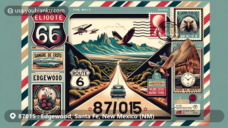 Modern illustration of Edgewood, New Mexico, highlighting local landmarks and postal theme with Route 66, Wildlife West Nature Park, and Sangre de Cristo - Sandia Mountains.
