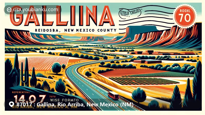 Modern illustration of Gallina, Rio Arriba, New Mexico, capturing the essence of local landscape, including Highway 96 and Cerro Pedernal, agricultural elements, vintage postal design, and diverse natural beauty of Rio Arriba County.