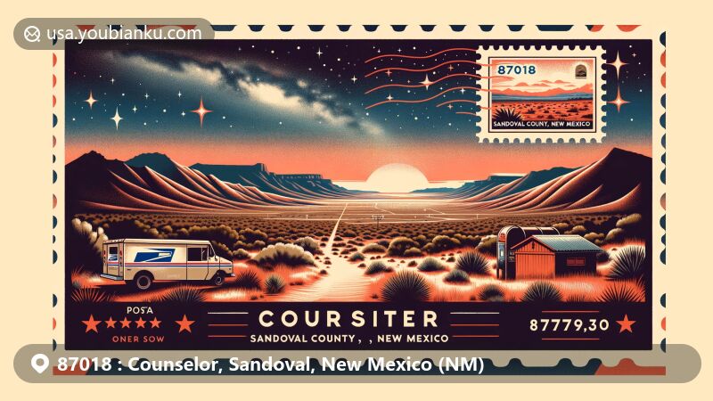 Modern illustration of Counselor, Sandoval County, New Mexico, showcasing Chihuahuan Desert landscapes and outdoor activities like hiking, camping, and stargazing under a starry sky, creatively integrating postal themes.