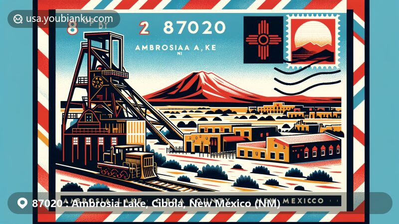 Modern illustration of Ambrosia Lake, Cibola County, New Mexico, featuring a postal theme with ZIP code 87020, capturing the region's uranium mining heritage and cultural significance.