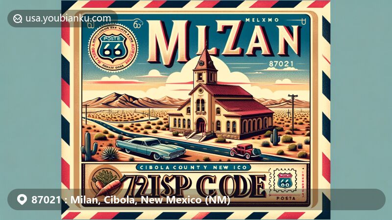 Modern illustration of Milan, Cibola County, New Mexico, capturing the Village Hall as the focal point, with Route 66 elements, New Mexico desert landscapes, and a nod to the 'Carrot Capital' history.