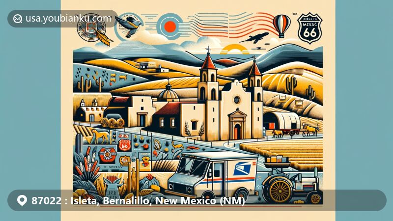Modern illustration of Isleta, Bernalillo, New Mexico (NM), showcasing San Agustín de la Isleta Mission with rich religious and historical heritage, agricultural traditions, and cultural connection to the Tiwa people, integrated with postal elements like postcards, stamps, and postmarks, highlighting Isleta's connectivity through the postal system.