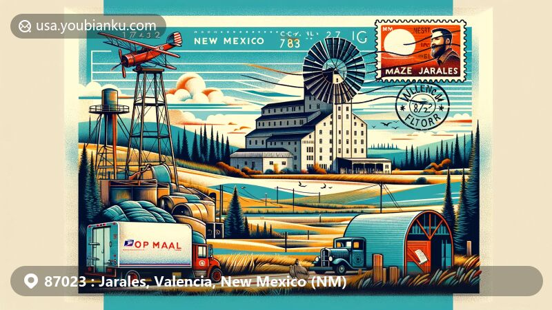 Modern illustration of Jarales, New Mexico, featuring postal theme with ZIP code 87023, showcasing Valencia Flour Mill and rural town setting with open fields, forests, and rivers.
