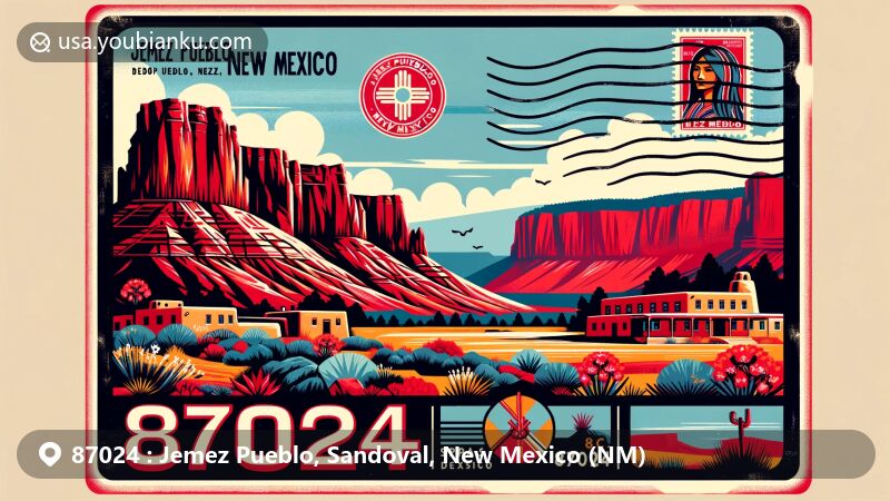 Modern illustration of Jemez Pueblo, Sandoval County, New Mexico, highlighting ZIP code 87024, featuring red rock formations and traditional Pueblo-style architecture.