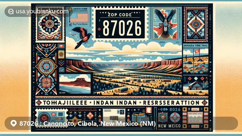 Vibrant illustration of Tohajiilee Indian Reservation, New Mexico, honoring Navajo Nation heritage with traditional patterns and landscape features, including Santa Fe Trail and Apache Canyon.