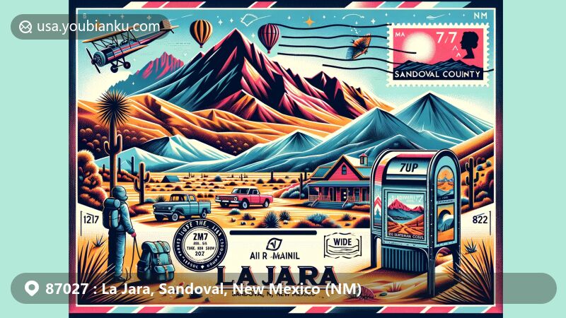 Modern illustration of La Jara, Sandoval, New Mexico, featuring postcard theme with ZIP code 87027, showcasing natural beauty, cultural heritage, and outdoor activities like hiking and camping.