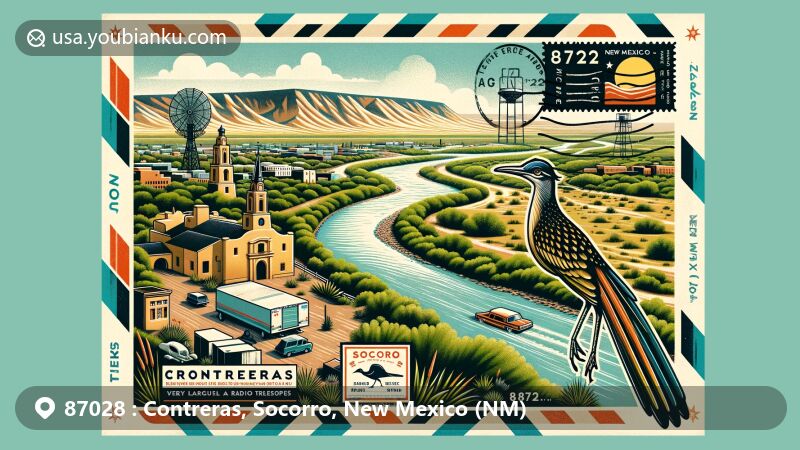 Modern illustration of Contreras, Socorro County, New Mexico, highlighting postal theme with ZIP code 87028, featuring aerial view of Rio Grande Valley and iconic landmarks like San Miguel Mission and Very Large Array.