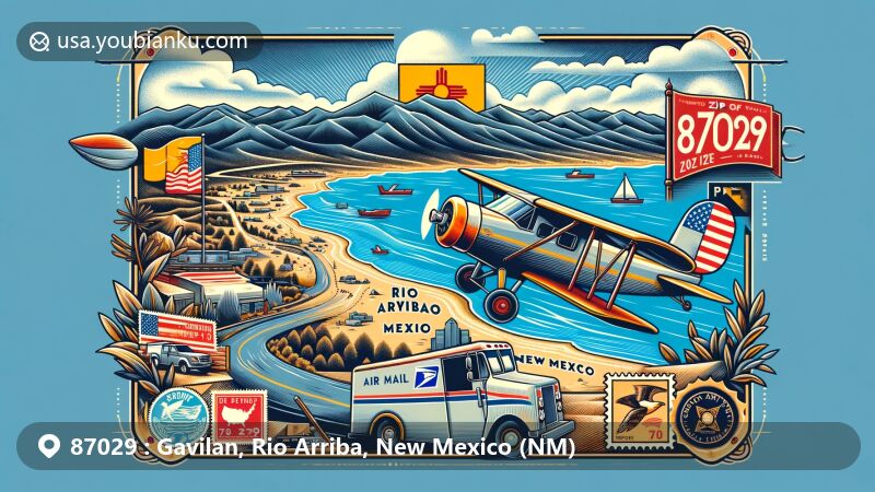 Modern illustration of Gavilan, Rio Arriba County, New Mexico, featuring the outline of Rio Arriba County, New Mexico state flag, and Gavilan Lake with postal elements like vintage air mail envelope, stamps, postal truck, and ZIP code 87029.