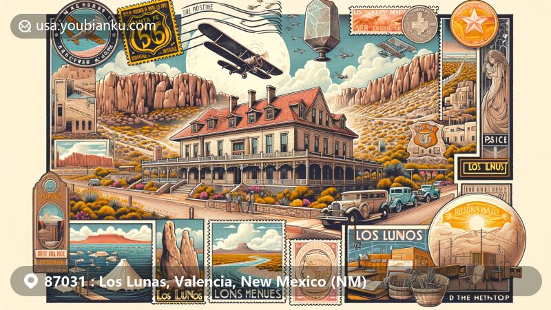 Modern illustration of Los Lunas area, New Mexico, showcasing Luna Mansion, historic Route 66, Decalogue Stone, Rio Grande river, and postal elements for ZIP code 87031.