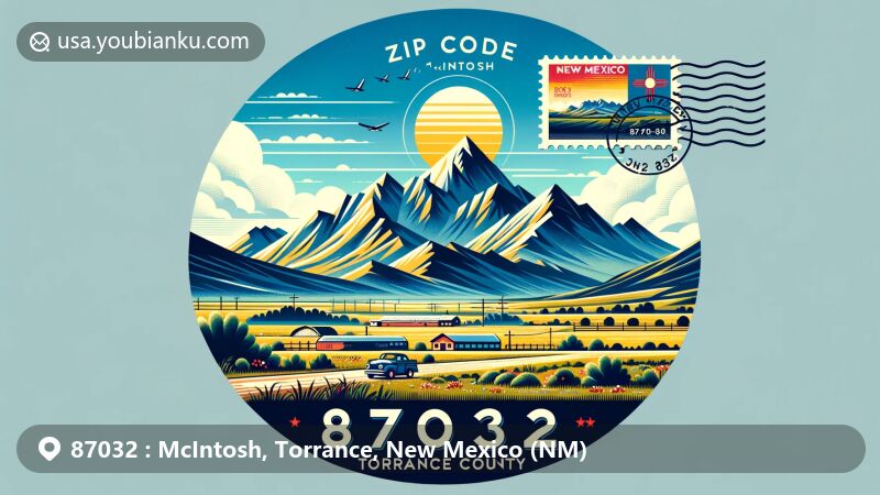 Modern illustration of McIntosh, Torrance County, New Mexico, showcasing postal theme with ZIP code 87032, featuring scenic Manzano Mountains and vintage air mail envelope.
