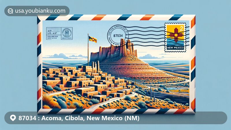 Modern illustration of Acoma Pueblo (Sky City), Cibola County, New Mexico, resembling an airmail envelope with unique architecture and cultural significance. Includes New Mexico state flag and '87034' ZIP code for regional identity.