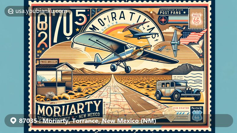 Modern illustration of Moriarty, Torrance County, New Mexico, inspired by the iconic Route 66 theme and US Southwest Soaring Museum, highlighting zip code 87035.