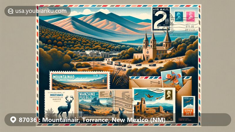 Modern illustration of Mountainair, Torrance County, New Mexico, showcasing postal theme with ZIP code 87036, featuring Salinas Pueblo Missions National Monument and Manzano Mountains.