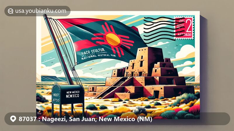 Modern illustration of Chaco Culture National Historical Park in Nageezi, New Mexico, featuring iconic ancient ruins of Chaco Canyon, New Mexico flag, and postal elements with ZIP code 87037.