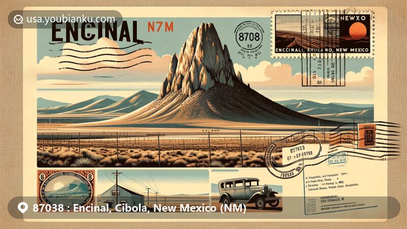 Modern illustration of Encinal, New Mexico, showcasing Picacho Peak (Elephant Rock) in the desert landscape, with vintage postal elements, including a postage stamp with ZIP code 87038 and Encinal postmark.
