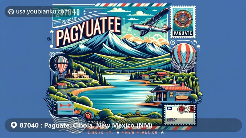 Modern illustration of Paguate, Cibola County, New Mexico, highlighting ZIP code 87040 with mountain views, Paguate Reservoir, airmail envelope, postmark 'Paguate, NM 87040', and postage stamp of Laguna Pueblo.