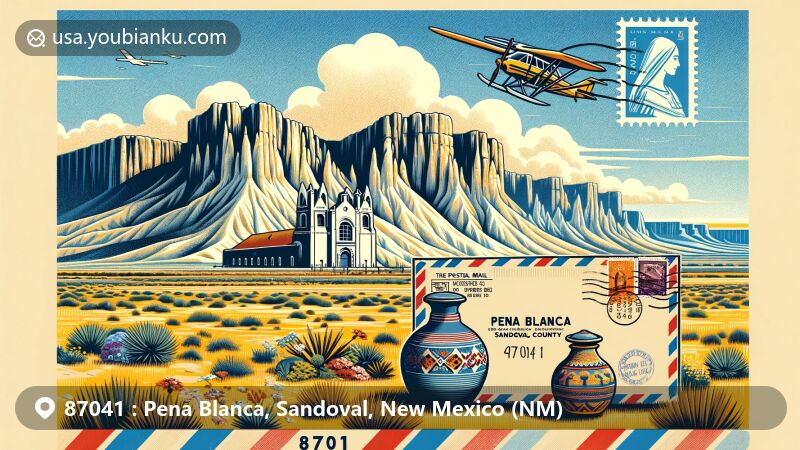 Modern illustration of Pena Blanca, Sandoval County, New Mexico, showcasing iconic white rock landscape, Native American culture, and New Mexico's natural beauty, with a vintage air mail envelope and postcard featuring the church, alluding to the area's postal theme.