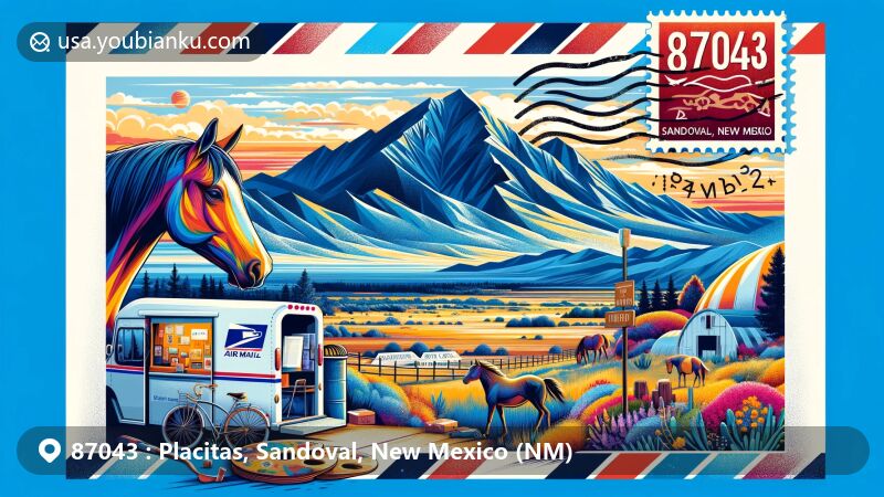 Modern illustration of Placitas, Sandoval County, New Mexico, featuring the Sandia Mountains, a vintage air mail envelope with ZIP code 87043, 'Placitas, Sandoval, New Mexico', wild horses, artistic symbols like a palette or brush, and icons of outdoor activities like hiking, mountain biking, and stargazing.