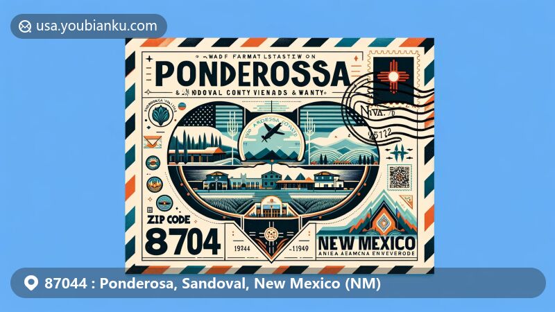 Modern illustration of Ponderosa Valley Vineyards & Winery in Sandoval County, New Mexico, with postal theme featuring ZIP code 87044, showcasing local attractions and Native American cultural elements.