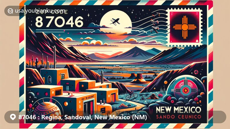 Modern illustration of Regina, Sandoval County, New Mexico, highlighting ZIP code 87046, high desert landscapes, Native American Pueblos, outdoor activities, and New Mexico state flag.