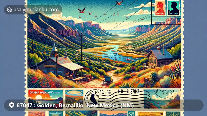 Modern illustration of Sandia Park, New Mexico, showcasing the majestic Sandia Mountains, vintage postal elements, and outdoor activities like hiking and camping.