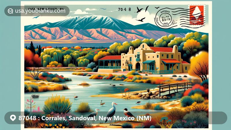 Modern illustration of Corrales, New Mexico, ZIP Code 87048, featuring the charm of Casa San Ysidro and Corrales Bosque Preserve along the Rio Grande with cottonwood forests, wildlife, and Sandia Mountains.