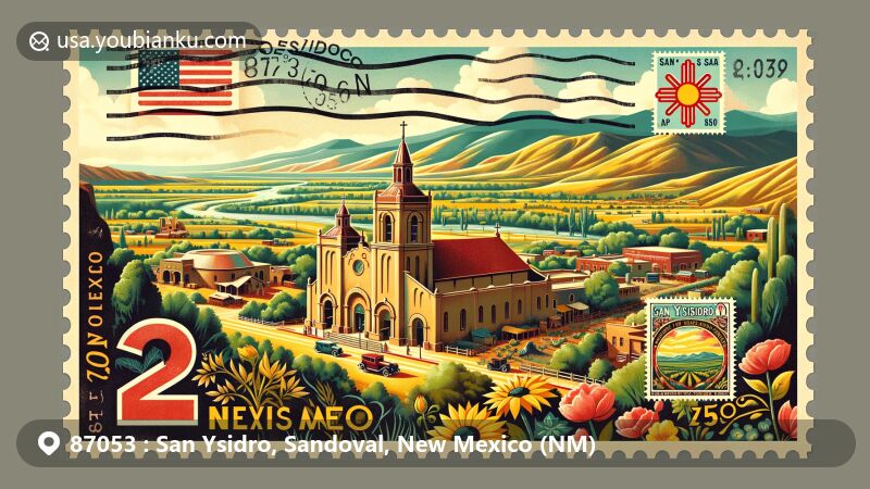 Modern illustration of San Ysidro, Sandoval County, New Mexico, in the style of a vintage postal card, featuring San Ysidro Catholic Church, Casa San Ysidro, Jemez River landscapes, and New Mexico state symbols with ZIP code 87053.