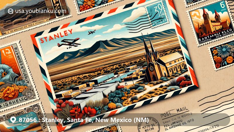 Modern illustration of Stanley, Santa Fe, New Mexico, depicting postal theme with ZIP code 87056, showcasing natural beauty and local landmarks including San Miguel Mission and El Santuario De Chimayó.
