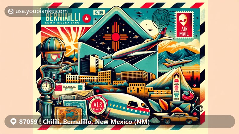 Modern illustration of Chilili and Bernalillo, New Mexico, blending geographical features with postal themes, showcasing Rio Grande Valley, Sandia Mountains, state flag, UFO culture, vintage air mail envelope with ZIP code 87059, stamps, postal mark, and cultural elements.