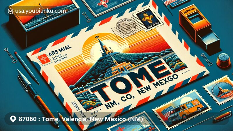 Modern illustration of Tome, Valencia, New Mexico, featuring airmail envelope with Tome Hill and three crosses, symbolizing pilgrimage site, postal service elements, New Mexico state flag postmark, and vibrant design.