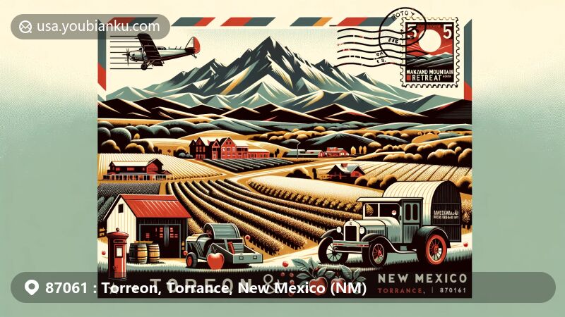 Modern illustration of Torreon, Torrance County, New Mexico, showcasing postal theme with ZIP code 87061, featuring Manzano Mountains, agricultural community, and Manzano Mountain Retreat.