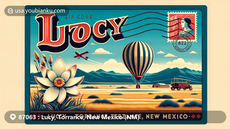 Modern illustration of Lucy in Torrance County, New Mexico, blending postal theme with regional features and cultural symbols including Manzano Mountains, squash blossom necklace, hot air balloon, and vintage postcard design.