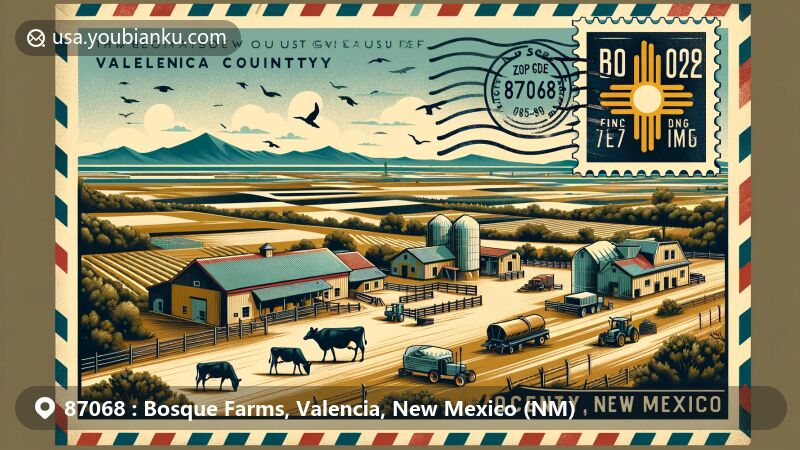 Modern illustration of Bosque Farms, Valencia County, New Mexico, highlighting scenic beauty and agricultural essence, featuring dairy farming history, Rio Grande Valley location, and vintage postal envelope with ZIP code 87068 and New Mexico state flag.