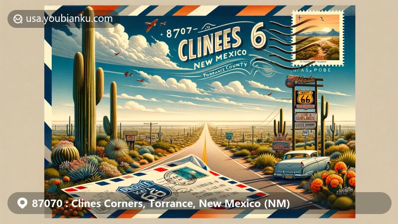 Modern illustration of Clines Corners, Torrance County, New Mexico, featuring Southwestern flora, Route 66 elements, and postal theme with ZIP code 87070.