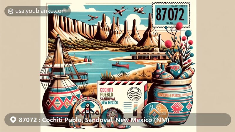 Modern illustration of Cochiti Pueblo, Sandoval County, New Mexico, featuring Cochiti Lake, Kasha-Katuwe Tent Rocks National Monument, Pueblo culture elements like storyteller figurines and ceremonial drums, vintage airmail envelope, '87072 Cochiti Pueblo, NM' postal mark, and New Mexico state flag.
