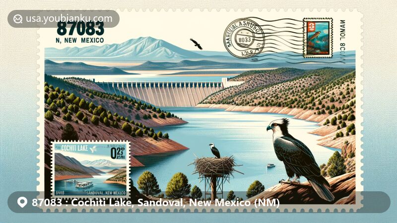 Modern illustration of Cochiti Lake area, Sandoval County, New Mexico, capturing its natural beauty and biodiversity, including Cochiti Dam, Jemez Mountains, juniper trees, wildlife like ospreys, deer, and coyotes, with a creative postcard theme highlighting ZIP code 87083, Tetilla Peak, and Tent Rocks National Monument.